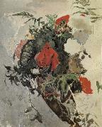 Mikhail Vrubel Red Flowers and Begonia Leaves in a basket Germany oil painting artist